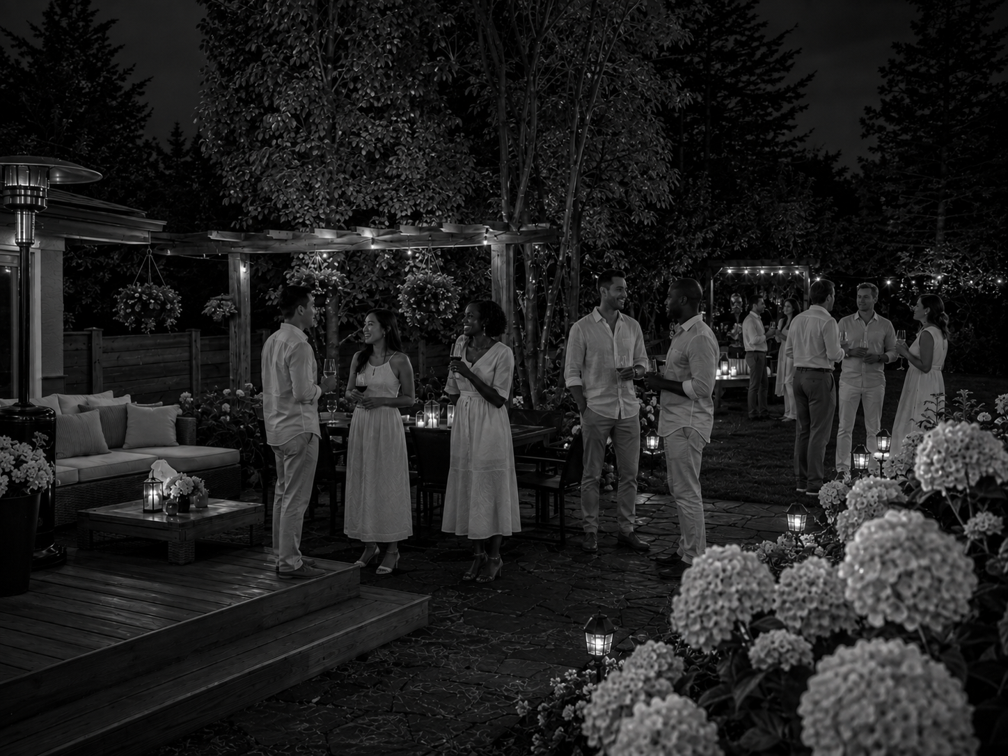Guests in white attire mingling under a pergola at an evening party